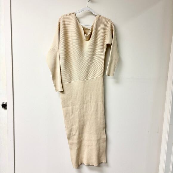 ASTR the Label Caris Asymmetric Ribbed Midi Sweater Dress Beige Women's Size XL - Picture 3 of 5